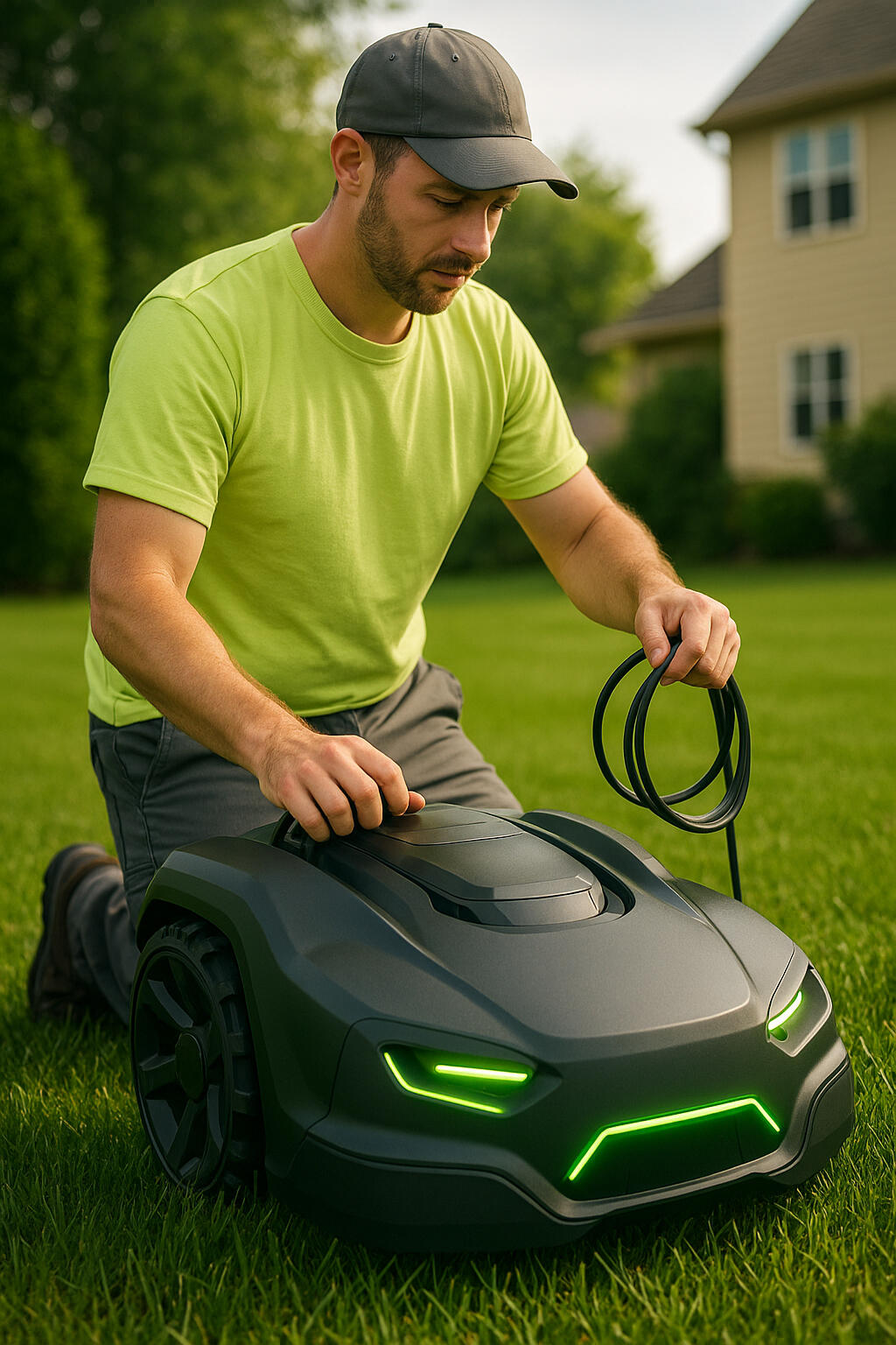 Romow technician guiding mower during setup in Forest Lake