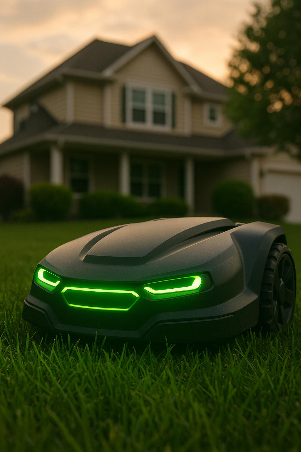Futuristic robot mower cutting a Forest Lake lawn