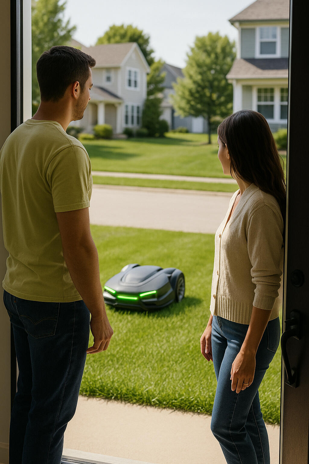 Forest Lake homeowners watching robot mower from front door